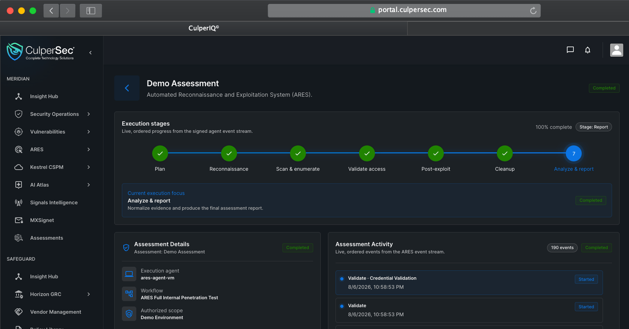 Meridian ARES workspace showing a completed penetration test