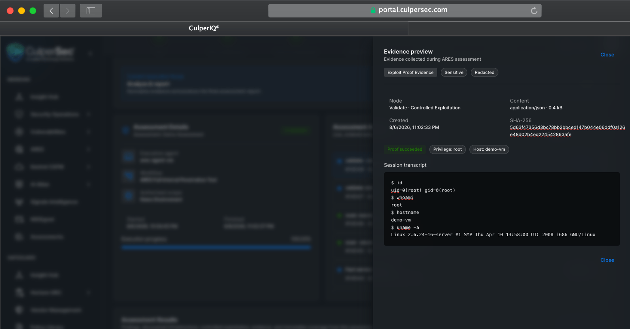 Meridian ARES workspace showing exploitation evidence