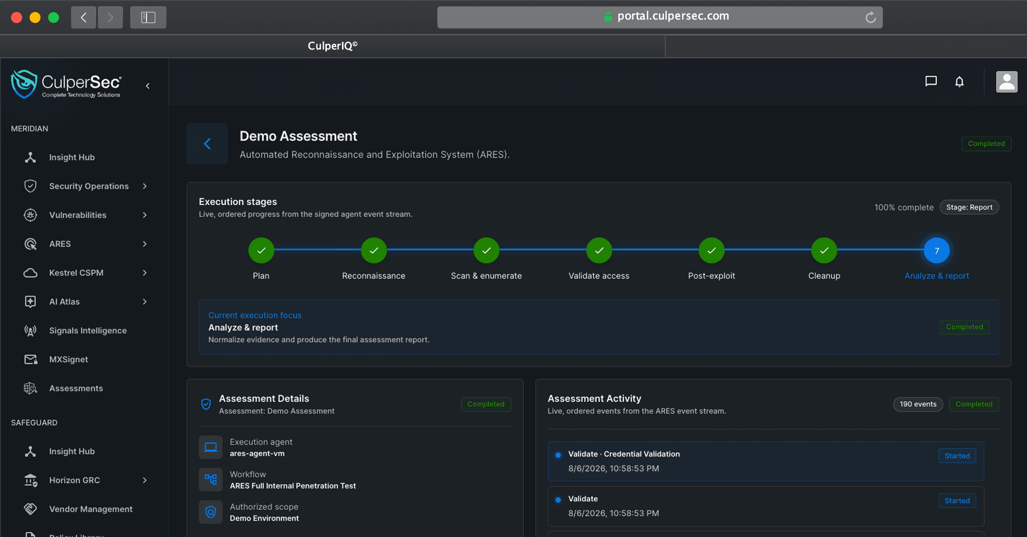 Meridian ARES workspace showing a completed penetration test