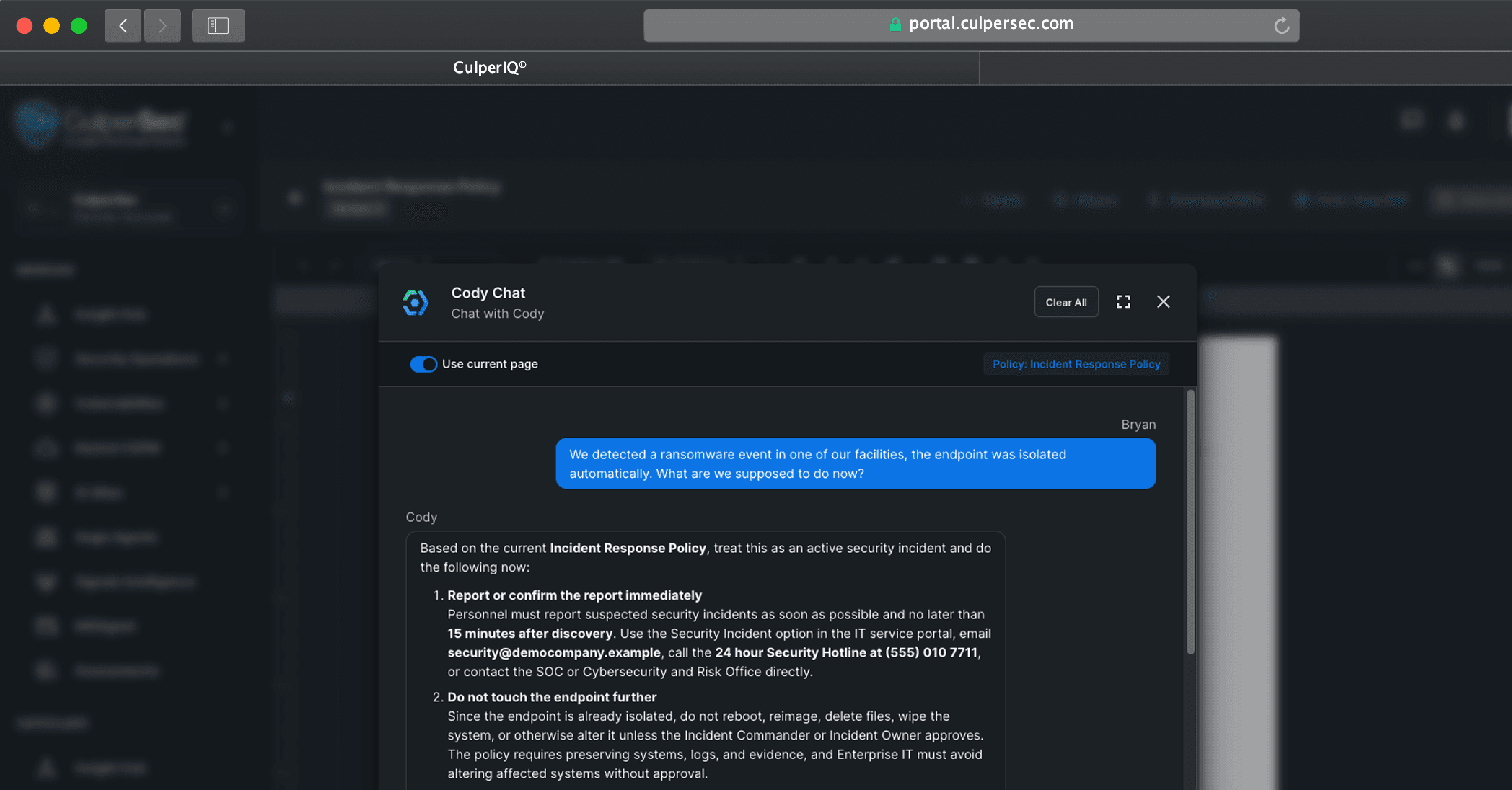 CulperIQ AI Atlas workspace showing built-in AI security context