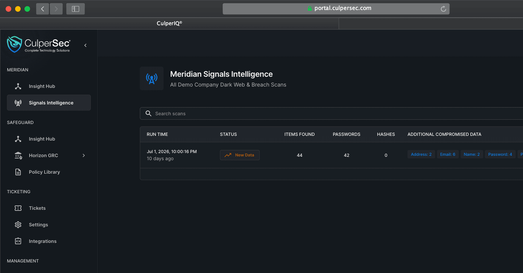 Meridian Signals Intelligence workspace showing exposed account data