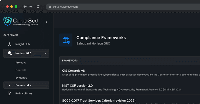 Horizon GRC dashboard representing Aegis endpoint configuration assessment mapping