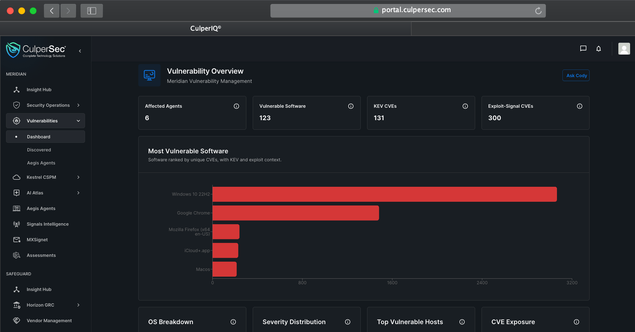 Meridian Vulnerability Management dashboard used for the managed service