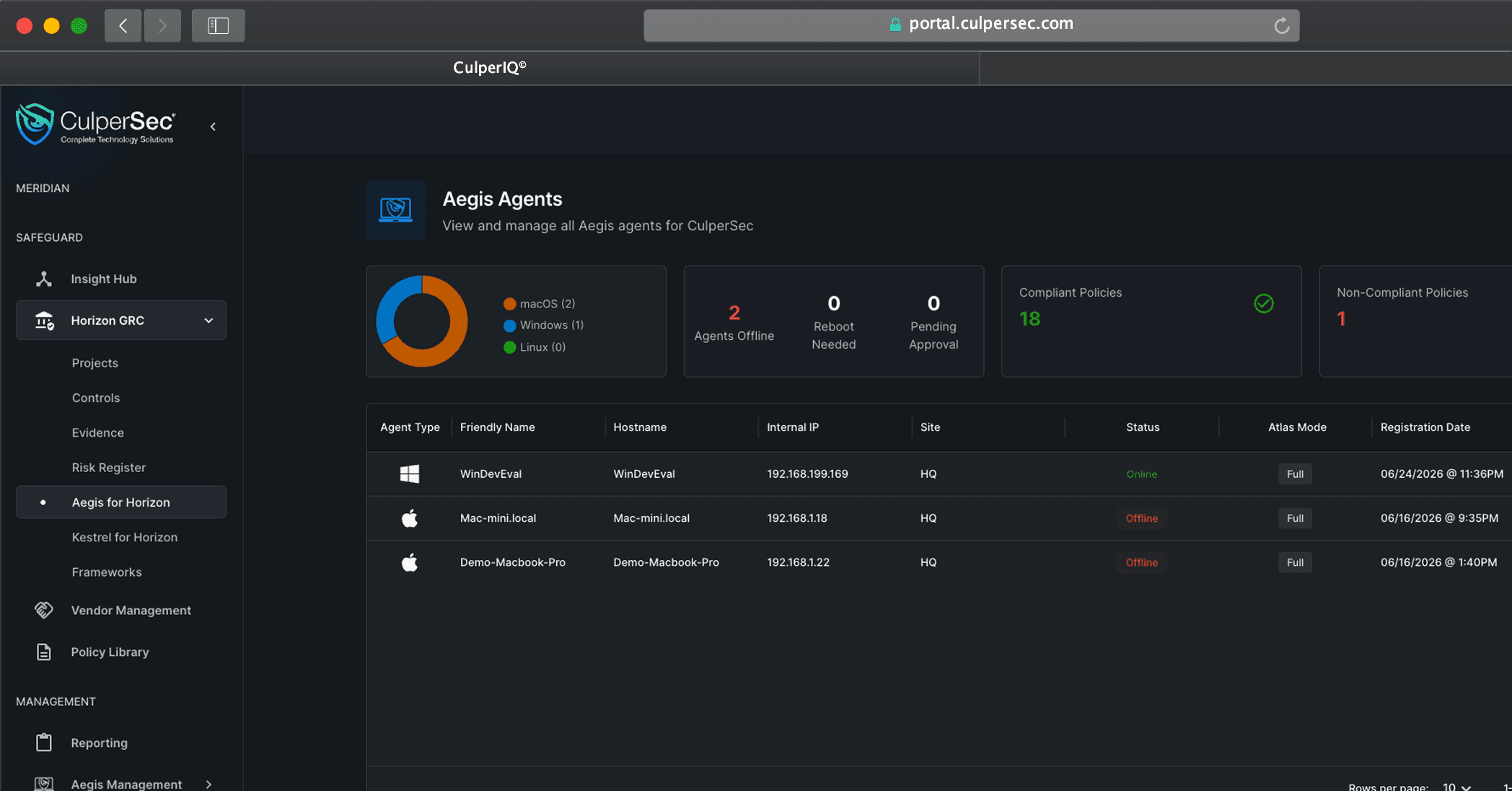 Aegis for Horizon workspace showing endpoint configuration assessment posture