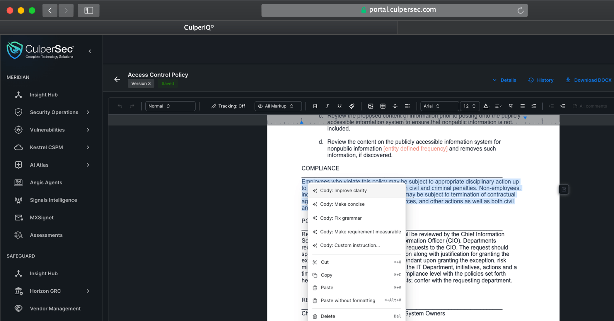 Safeguard Policy Library interface in CulperIQ