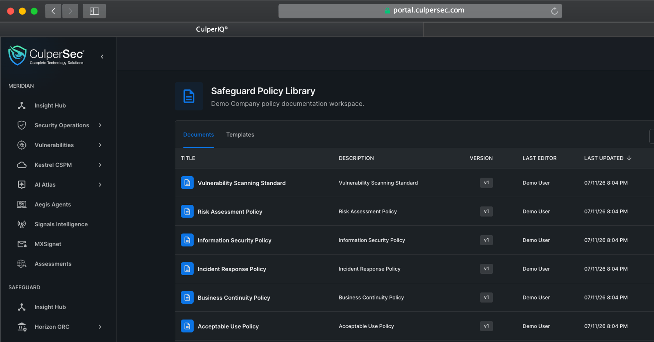 Safeguard governance and compliance workspace in CulperIQ