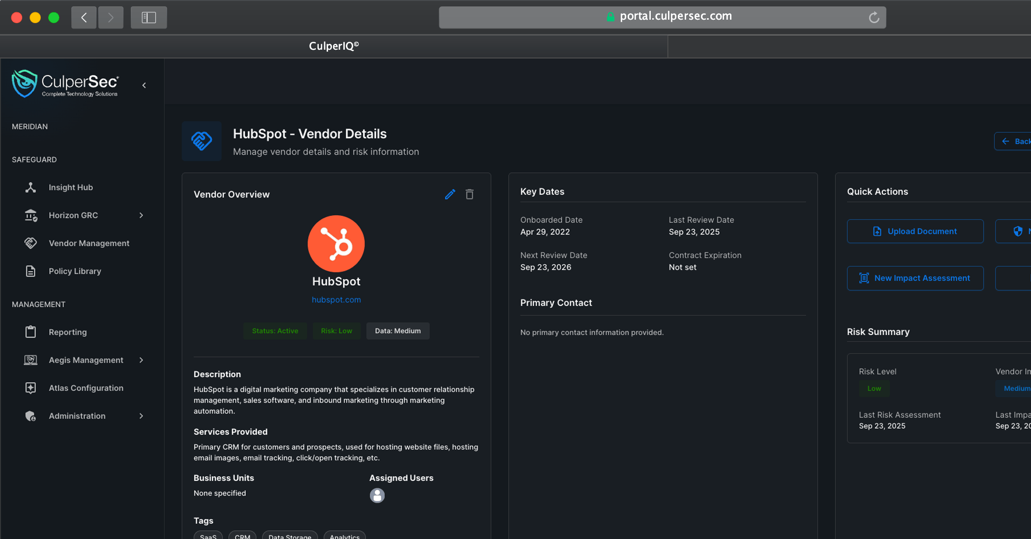 Horizon Vendor Management dashboard in CulperIQ