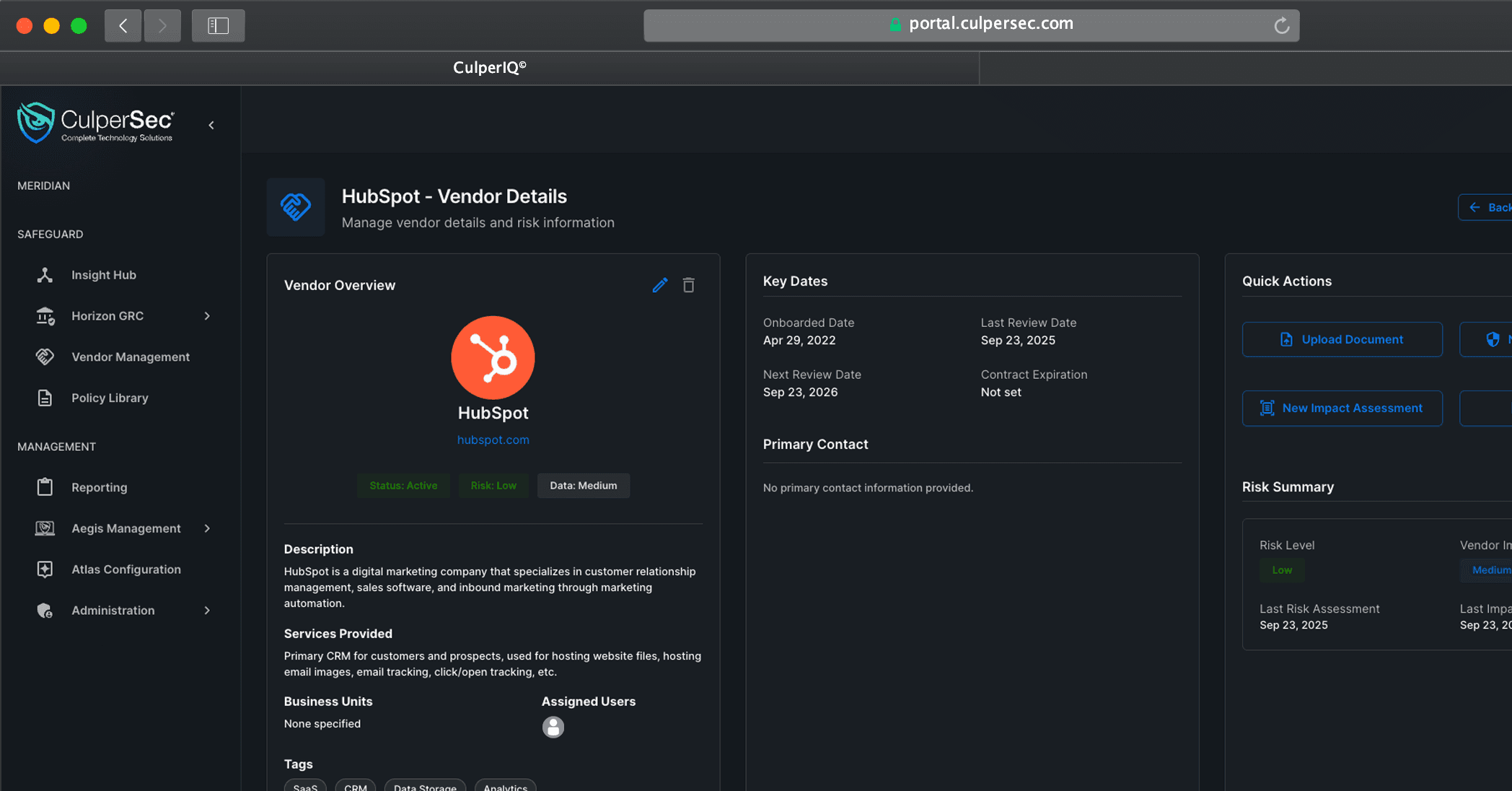 Safeguard Vendor Management workspace showing third-party risk information